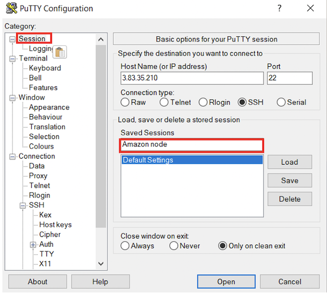 Logging in with putty (Windows)