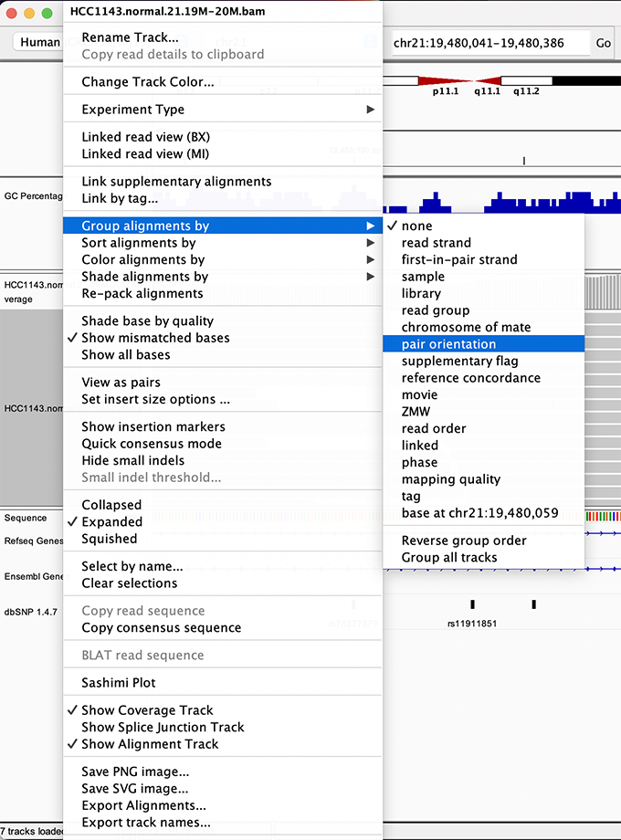 Changing how read alignments are sorted, grouped, and colored